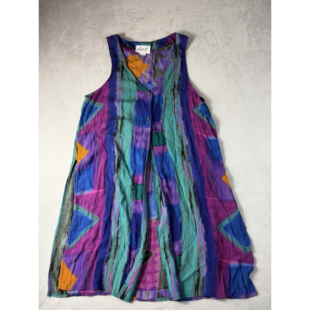 A.K.F.‎ Vintage Blouse Vest Womens Medium Purple Blue Two Button Open Slit Sides